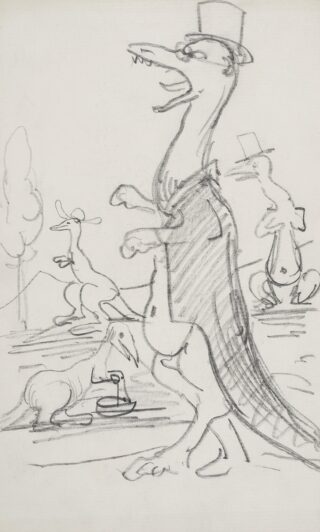 Eine Handzeichnung von Herzog Georg II. auf dem vermenschlichte Dinosaurier mit Hüten zu sehen sind.